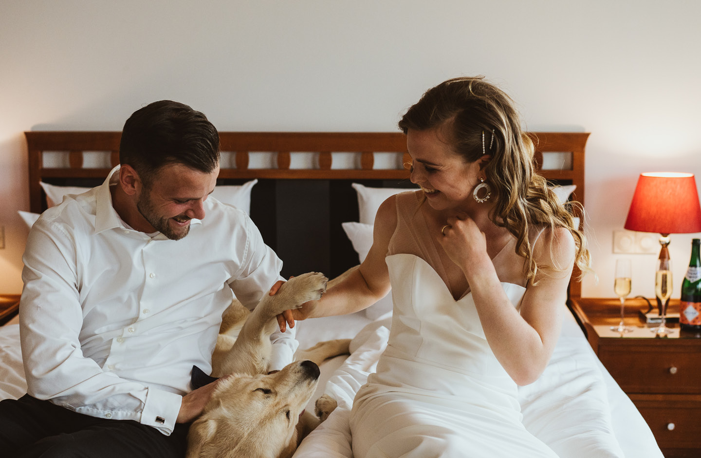 Frisch verheiratetes Paar nach der Hochzeit im Hotelzimmer mit ihrem Hund