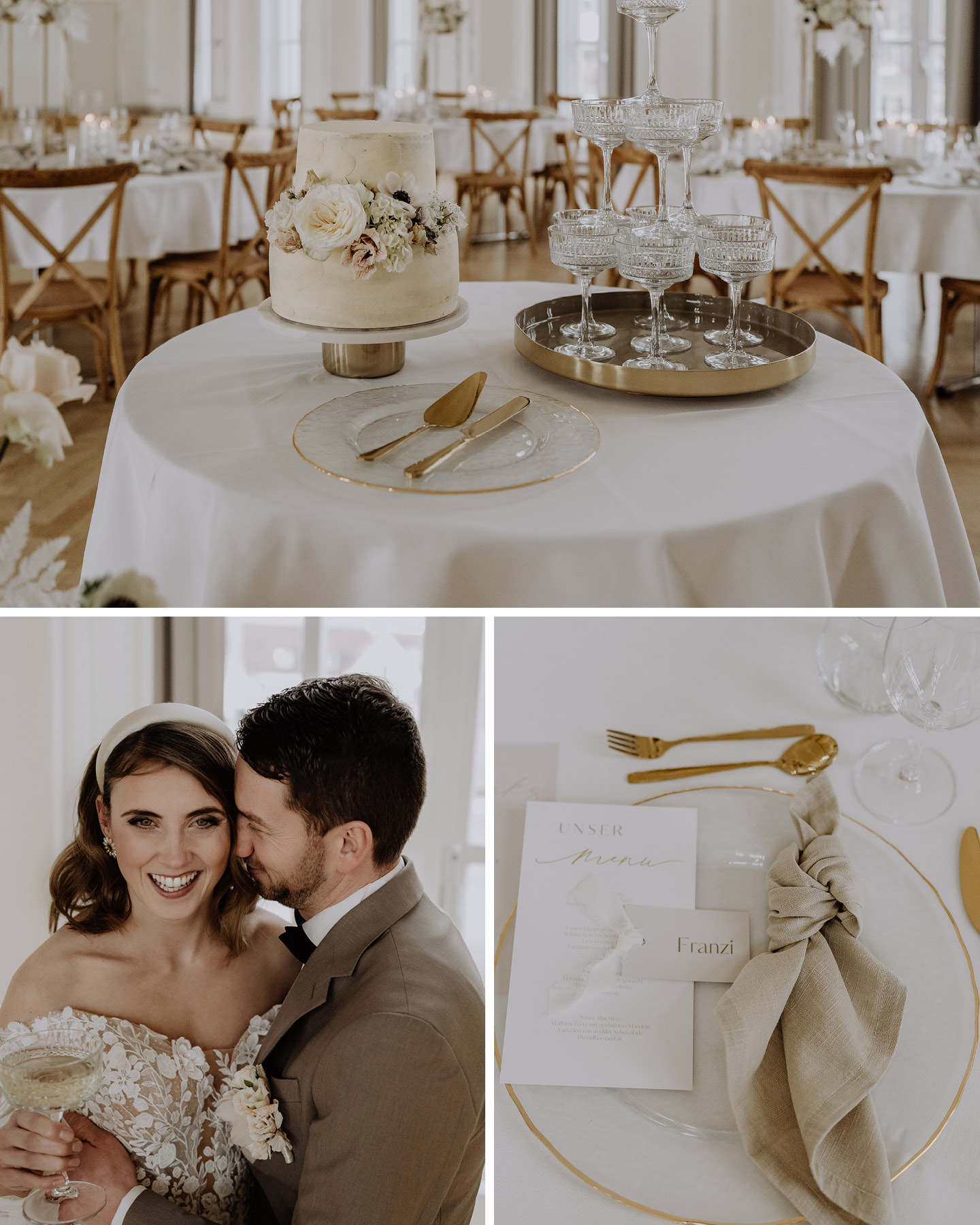 Collage: Tisch mit 2-stöckiger Hochzeitstorte, Glückliches Hochzeitspaar, minimalistische Hochzeitseinladung auf Tischgedeck in Weiß, Beige und Gold 