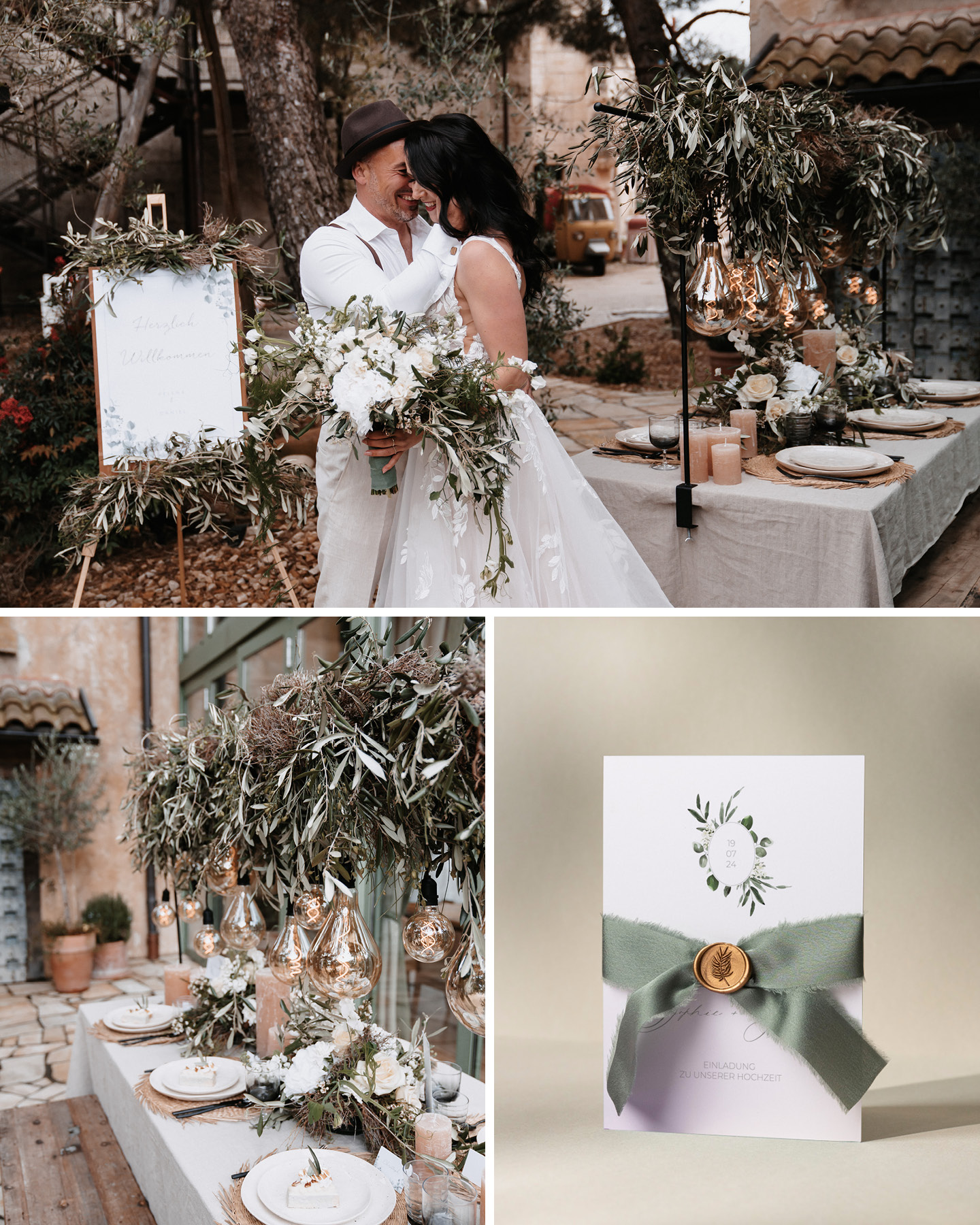 Collage: Hochzeitspaar in Innenhof, im Greenery-Stil geschmückter Hochzeitstisch, Hochzeitseinladung mit grüner Schleife und Wachssiegel