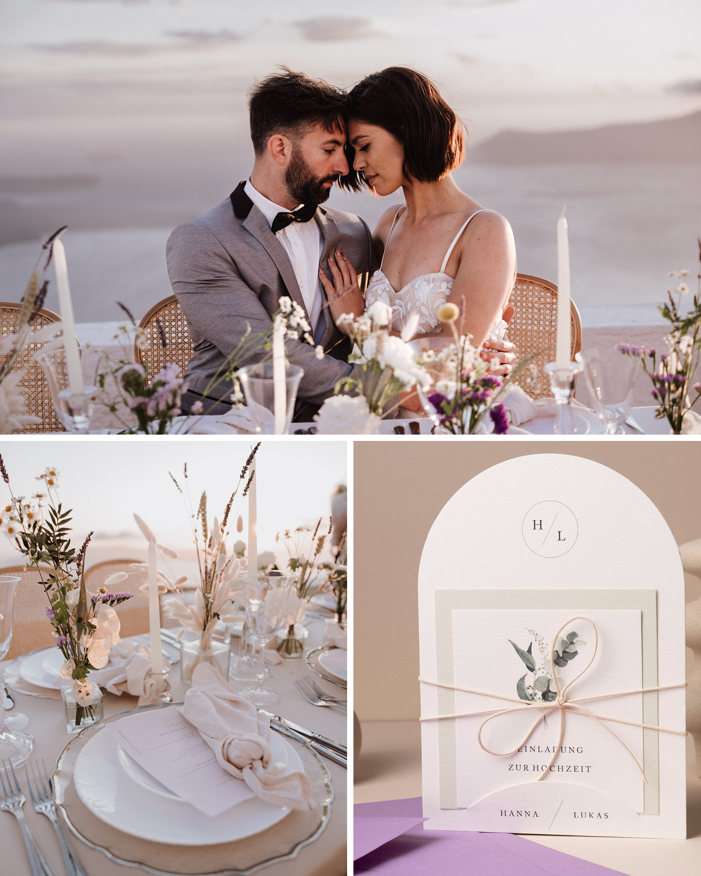 Collage: Romantische Hochzeit am Strand, minimalistisch gedeckte Tafel, halbrunde Hochzeitseinladung