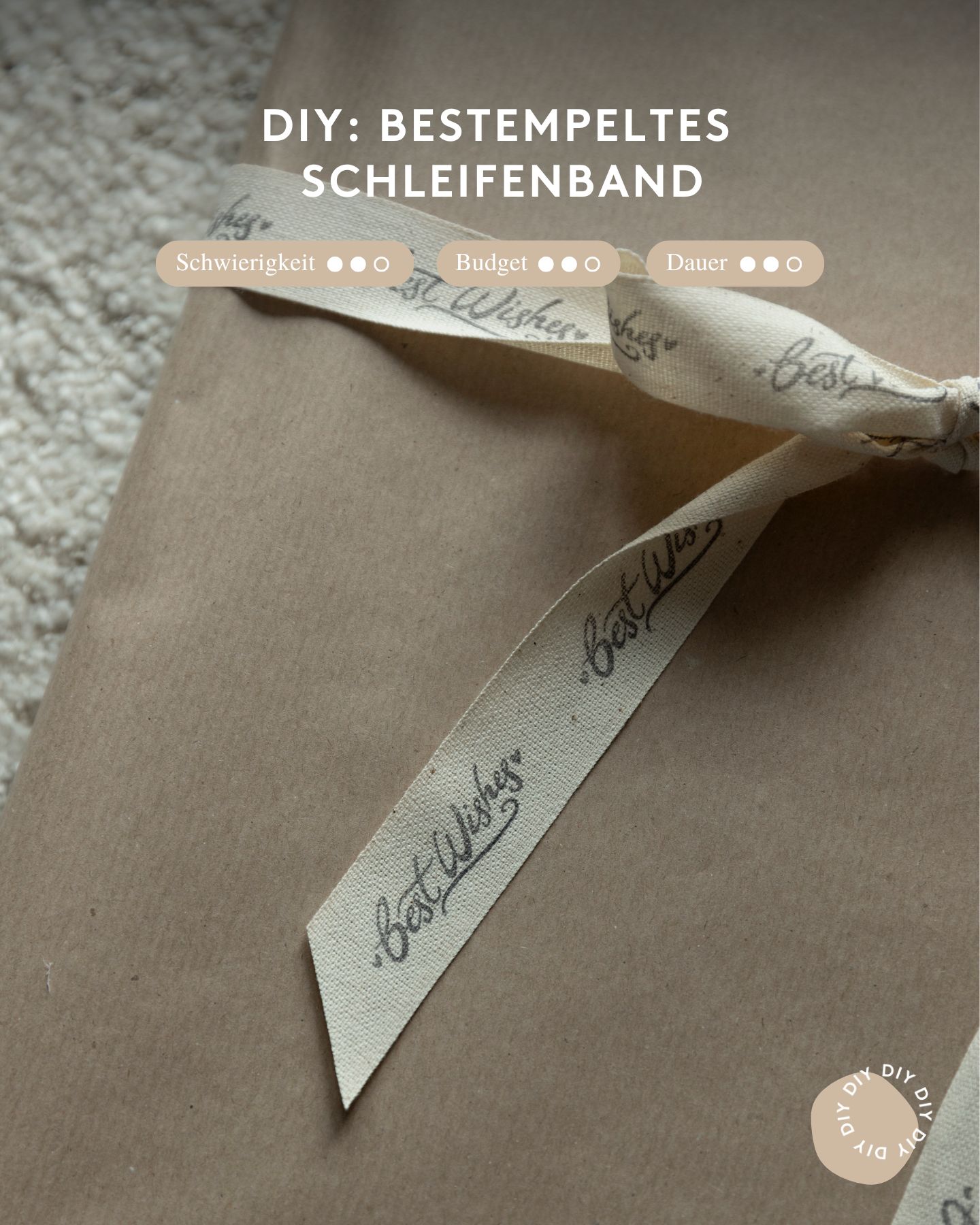 Geschenkband selber bestempeln mit Schriftzug "Best Wishes".