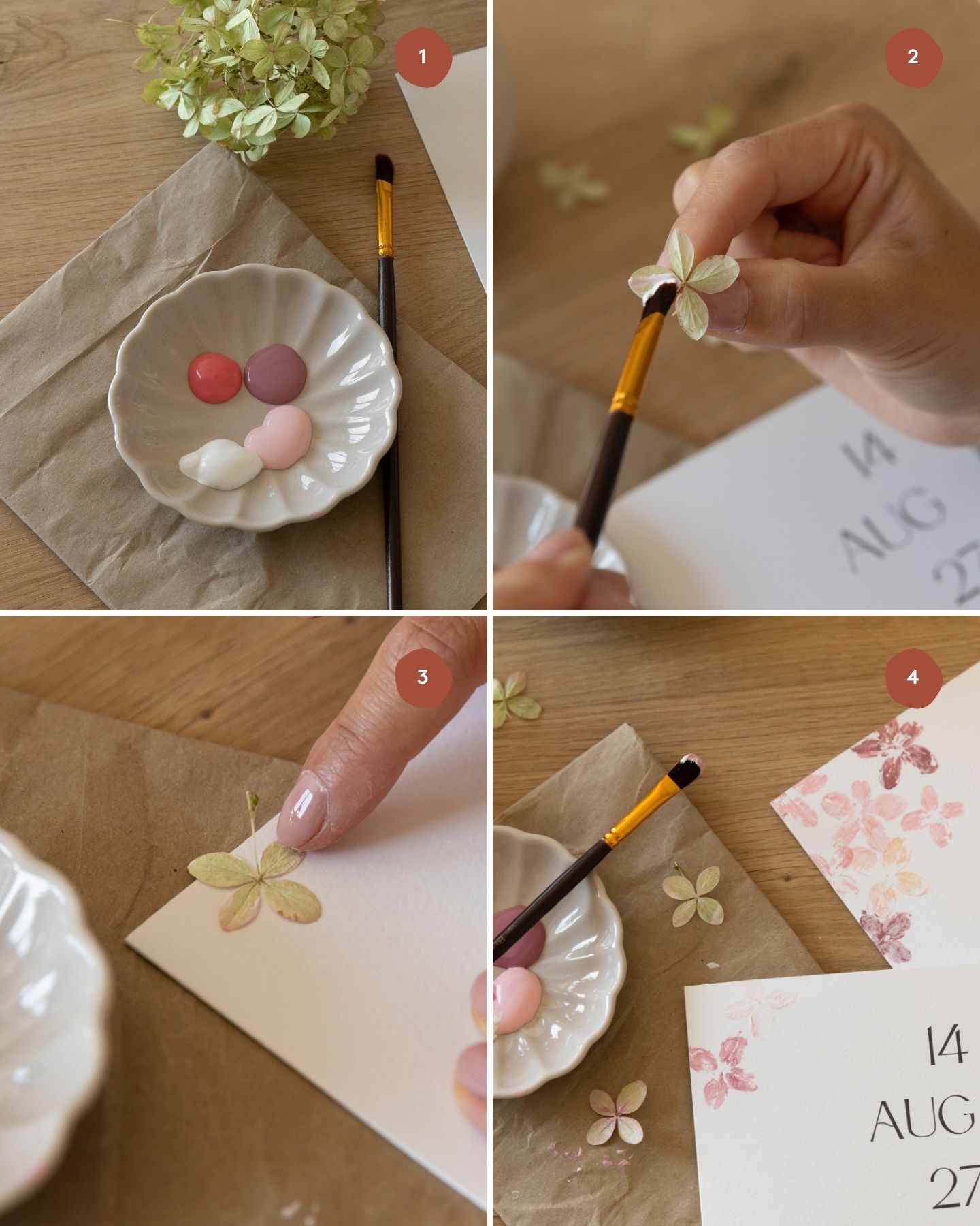 DIY-Hochzeitseinladung mit Acrylfarbe und Blumendruck. Schritt für Schritt Anleitung.